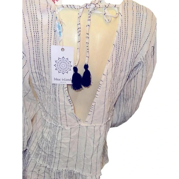 Blue Island Boho Beach Cover-Up Dress White Striped V-Neck Long Sleeve Large - Picture 8 of 11